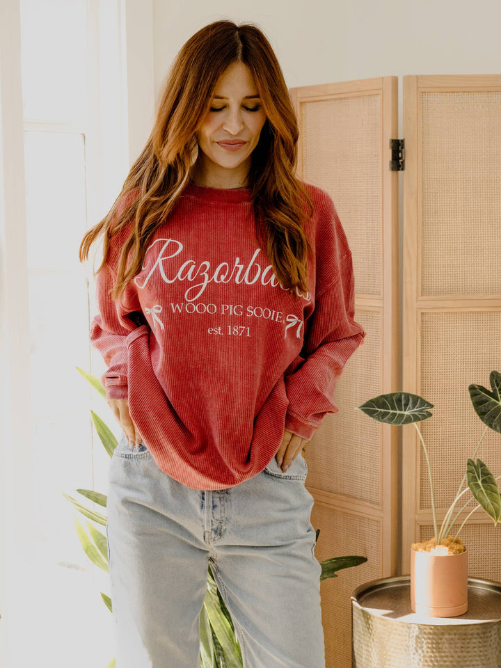 Razorbacks Established Bows Red Corded Crew Sweatshirt