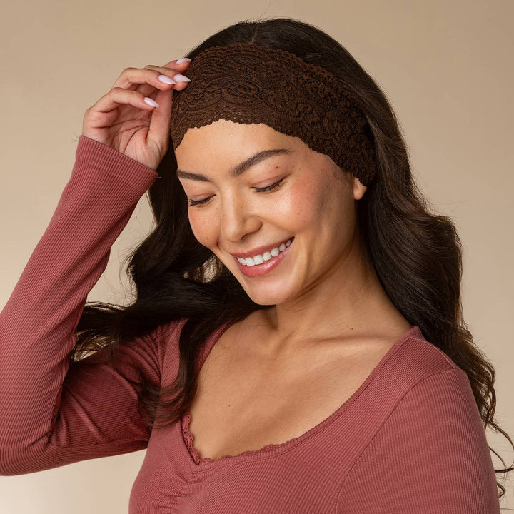 Wide Lace Elastic Headbands 2pc Set - Mocha &amp; Chocolate