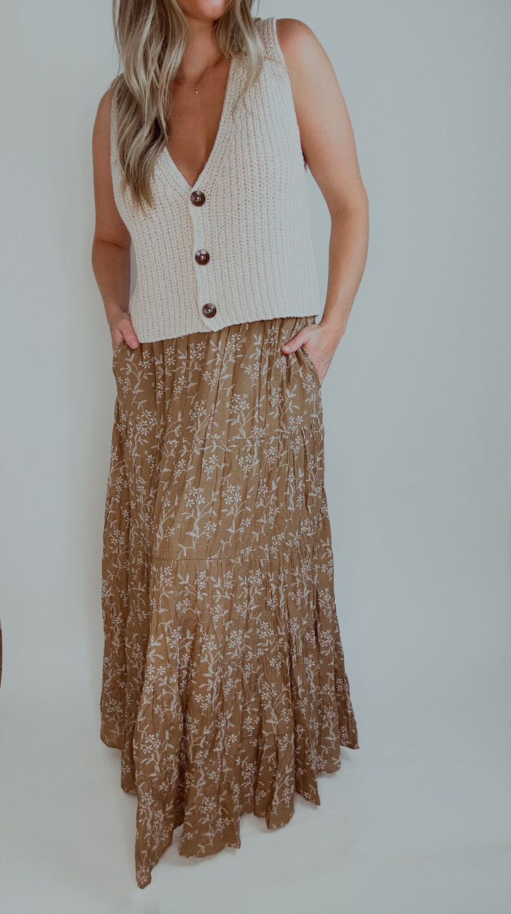 Falling Florals Pocketed Tiered Maxi Skirt - Camel