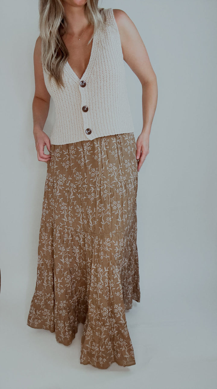 Falling Florals Pocketed Tiered Maxi Skirt - Camel