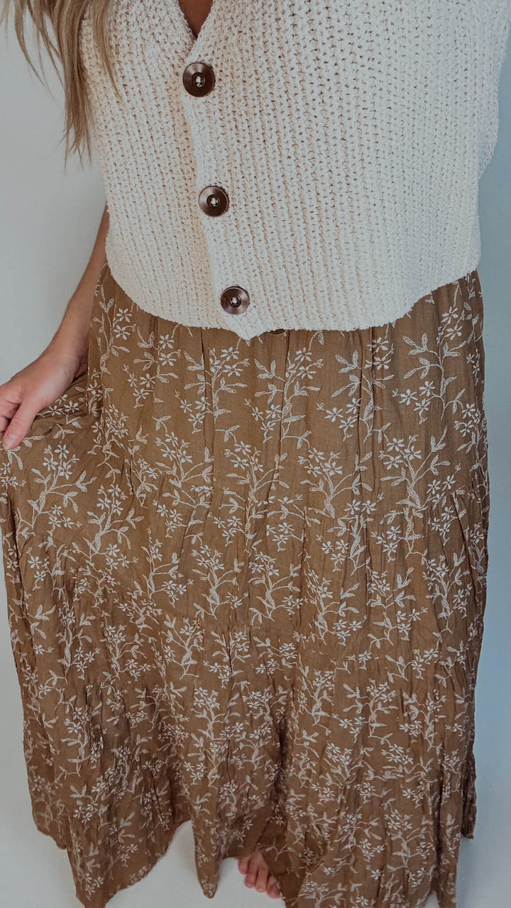 Falling Florals Pocketed Tiered Maxi Skirt - Camel