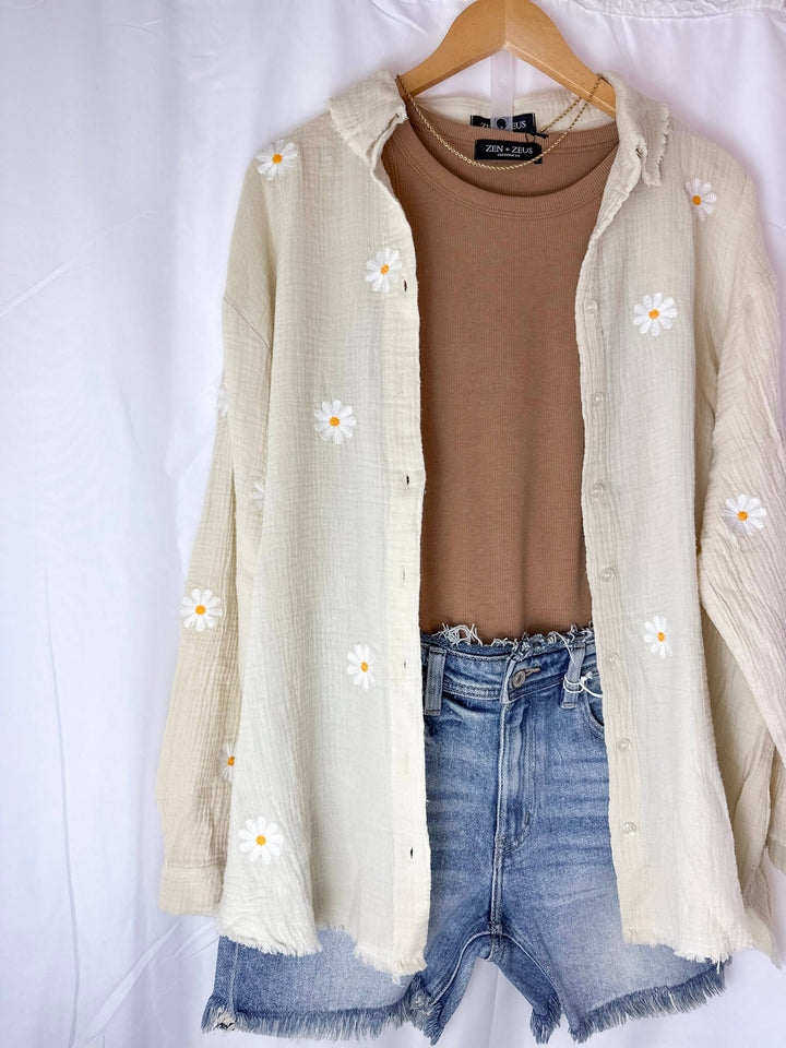 Gauze Daisy Embroidered Button Up Top