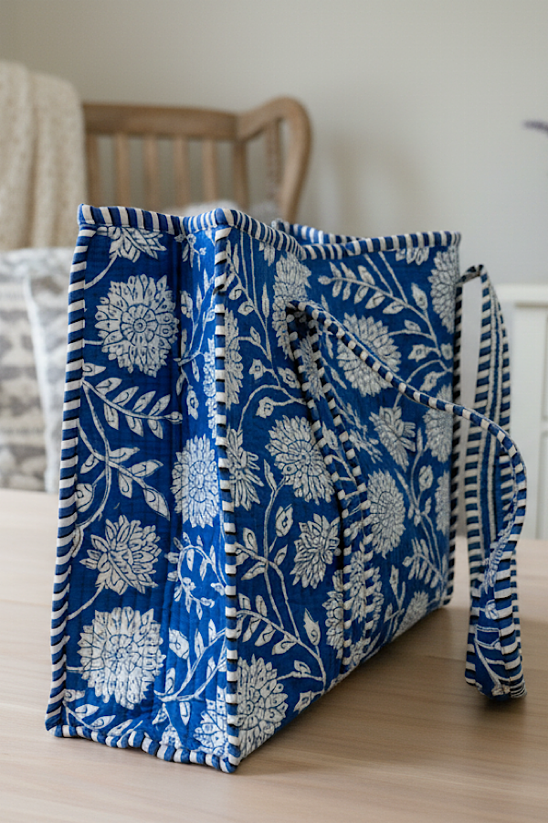 Melody Blue &amp; White Floral Medium Quilted Tote Bag