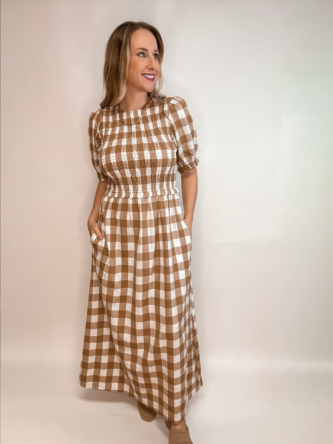 Matilda Plaid Smocked Pocketed Midi Dress