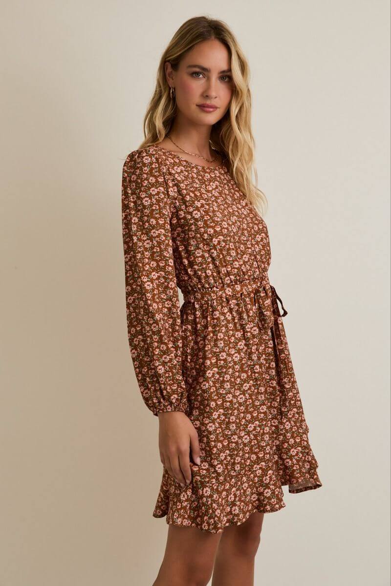 Mocha Ditsy Floral Mini Dress
