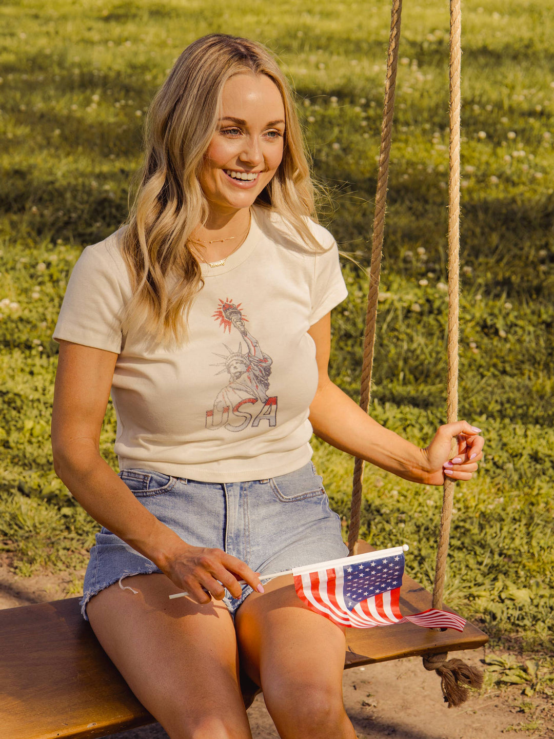 Miss Liberty USA Off White Micro Cropped Tee