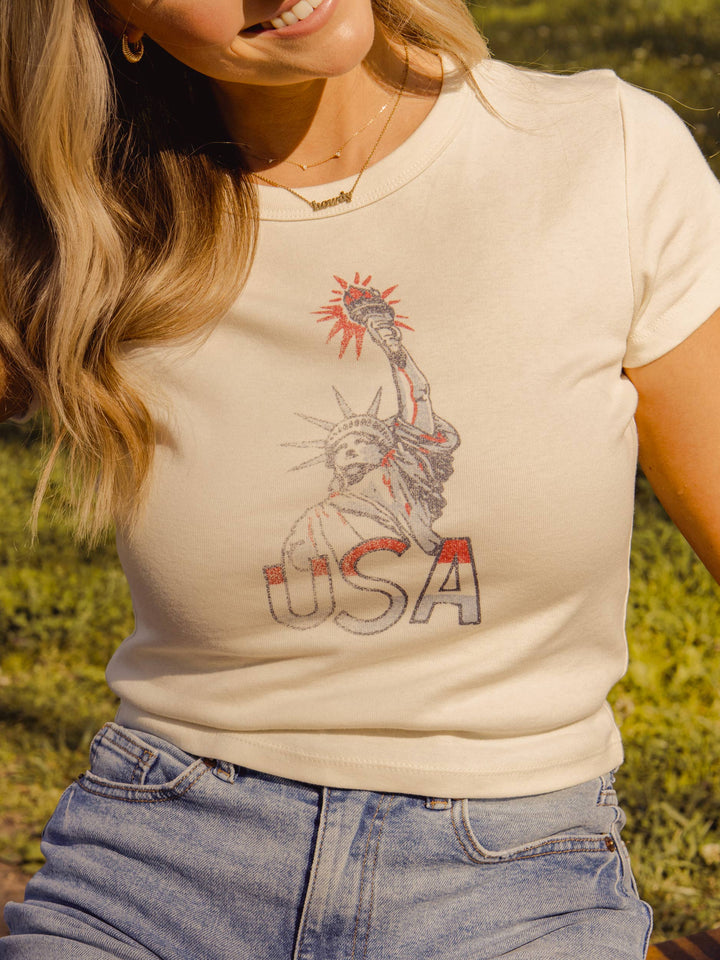 Miss Liberty USA Off White Micro Cropped Tee