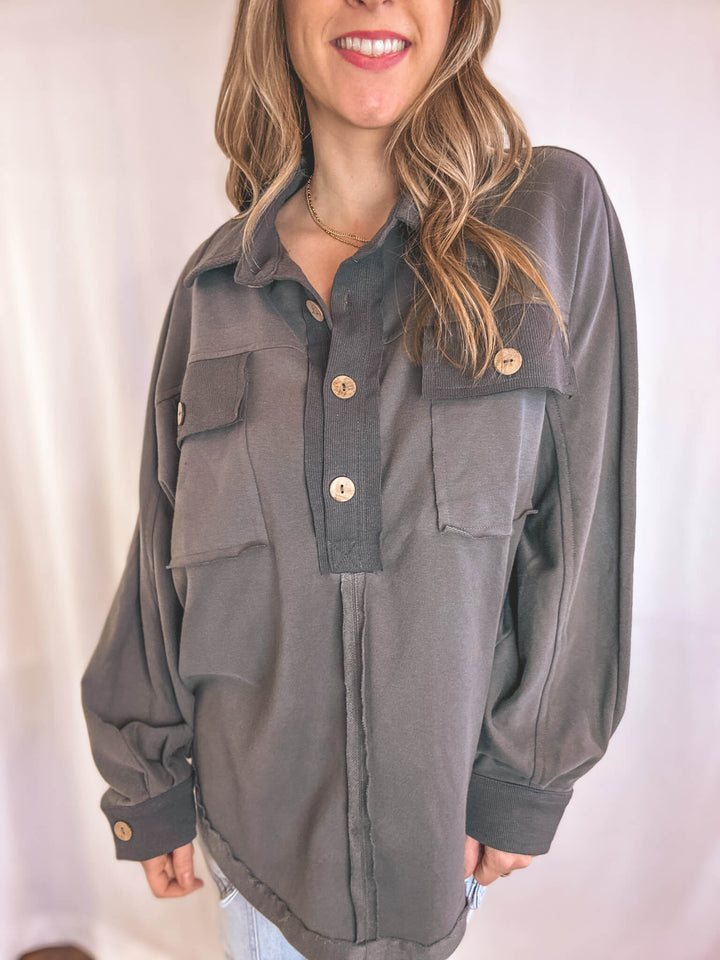 French Terry Oversized Half Button Pullover