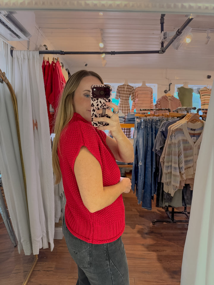 Mock Neck Sleeveless Knit Sweater in Red