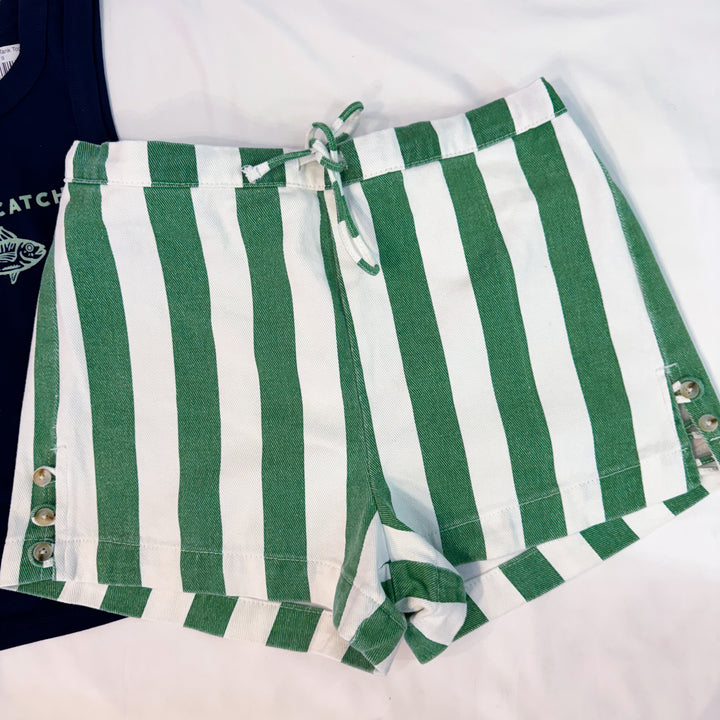 Green/White Striped Drawstring Denim Shorts