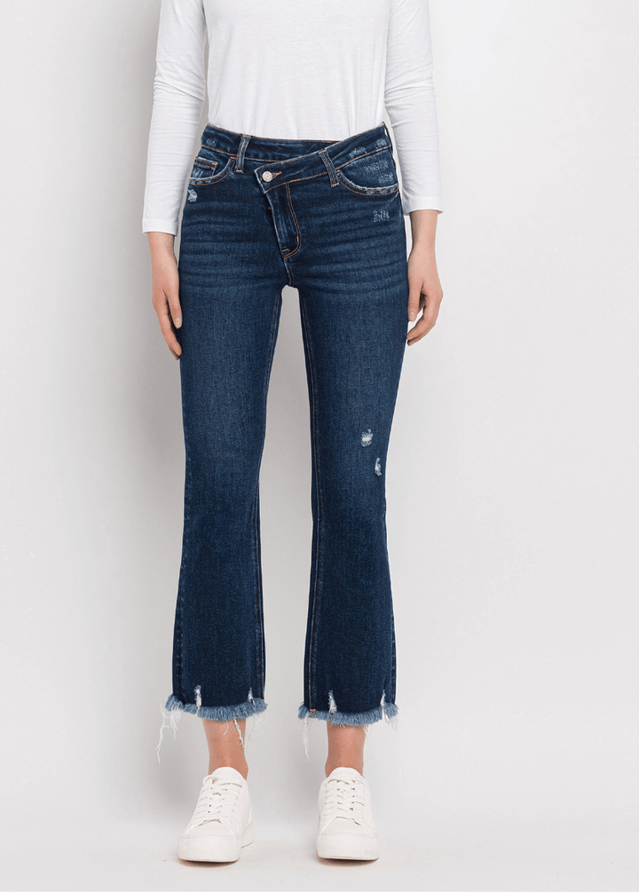 Bella High Rise Criss Cross Waistband Kick Flare Jeans