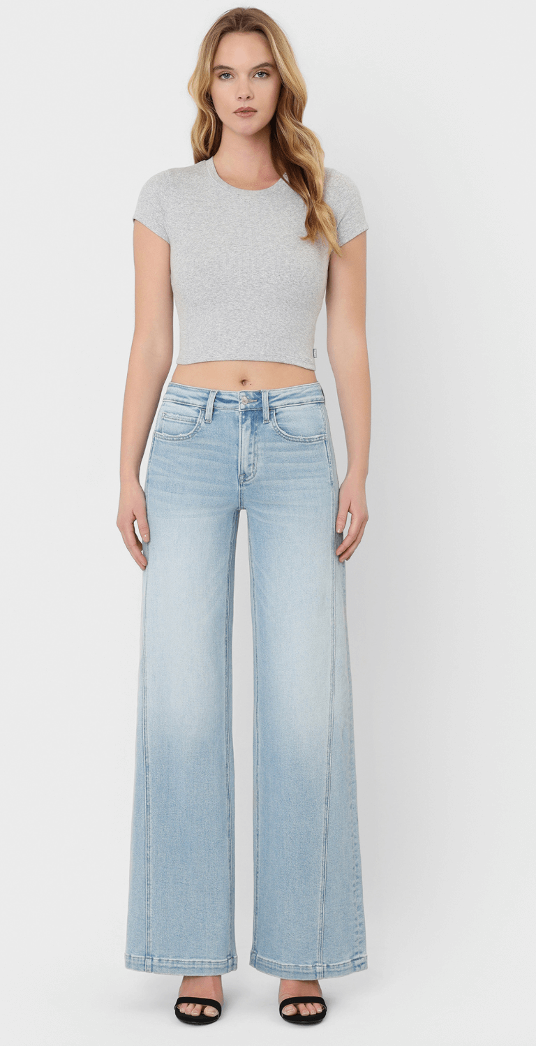High Rise Light Wash Side Panel Wide Leg Jeans