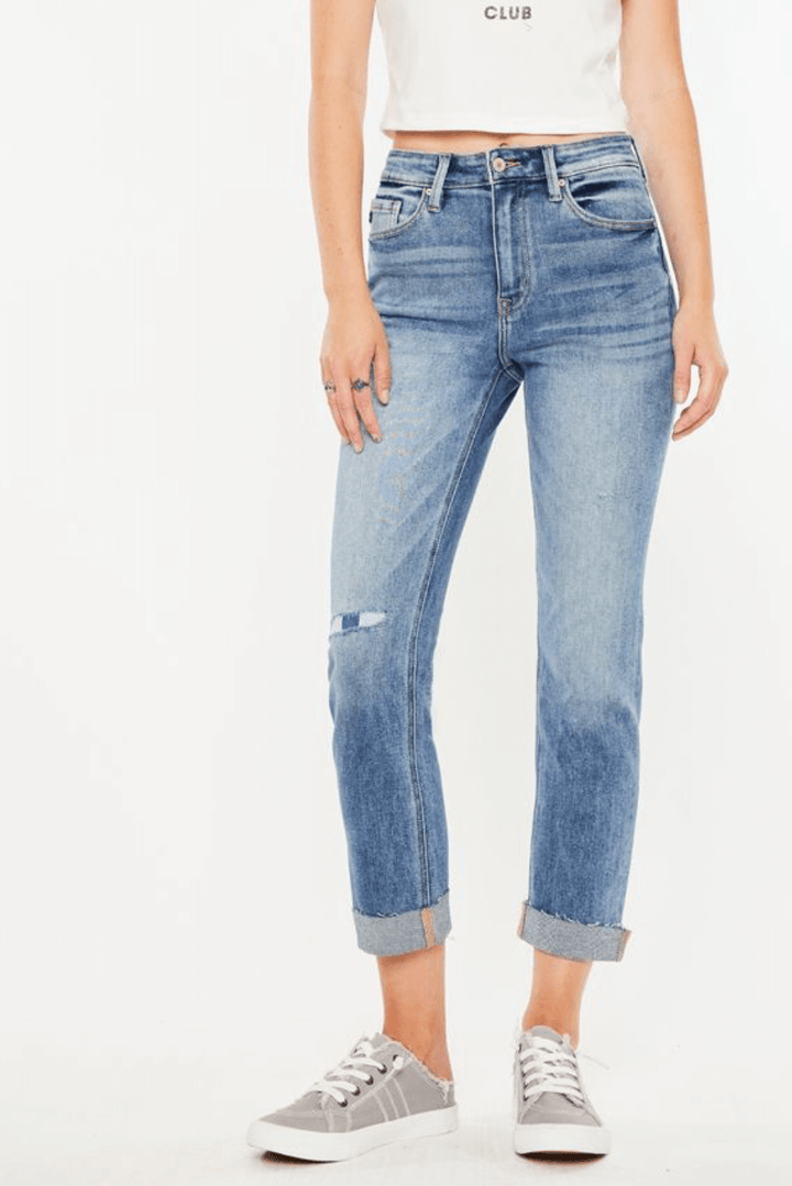 High Rise Cuffed Slim Straight Jeans