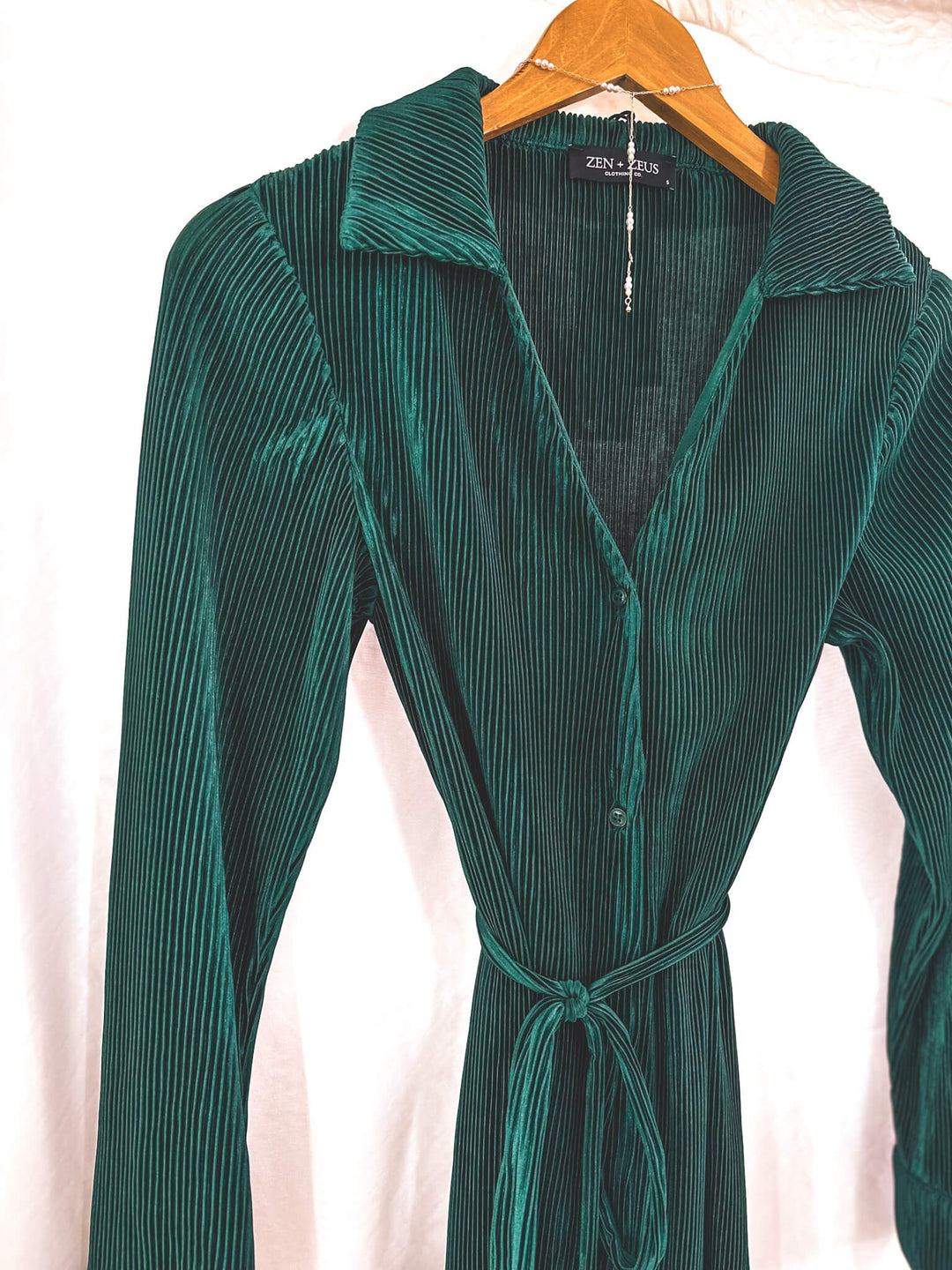 Evergreen Pleated Maxi Shirt Dress Zen + Zeus Clothing Co. Evergreen Pleated Maxi Shirt Dress Zen + Zeus Clothing Co.