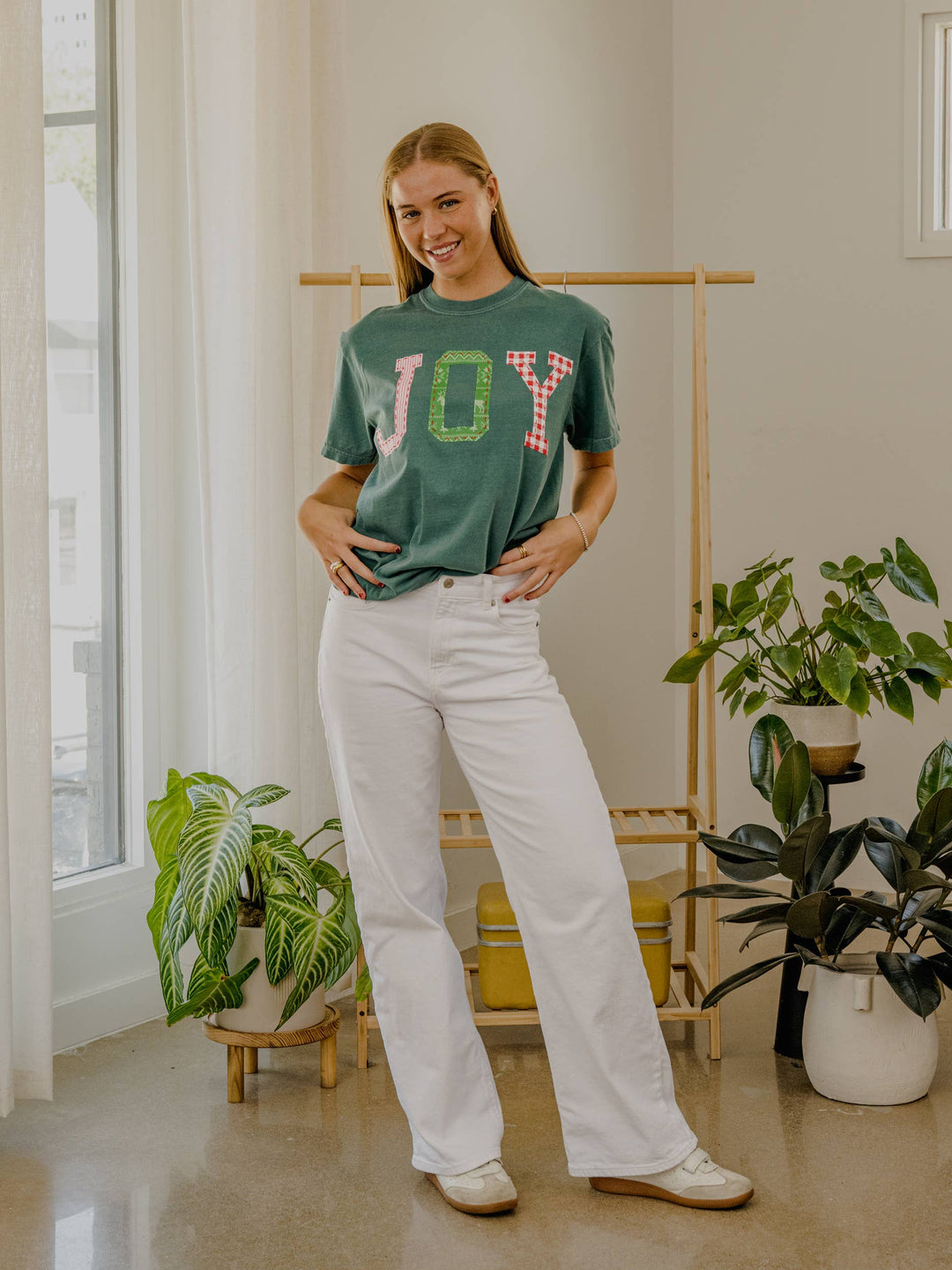 Christmas Holiday JOY Quilted Puff Ink Green Comfort Colors Tee