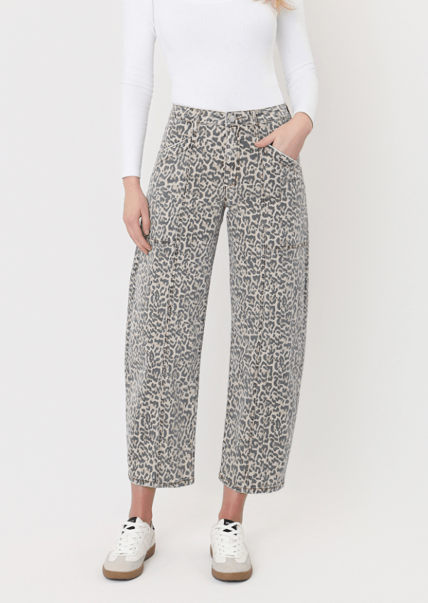 High Rise Utility Leopard Barrel Jeans
