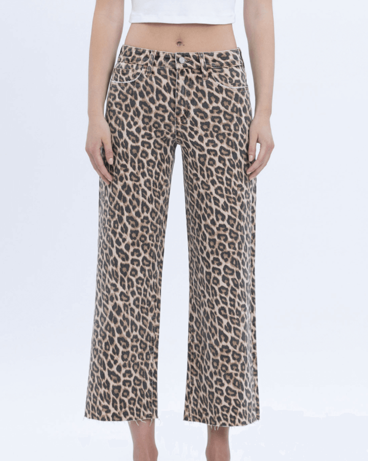Leopard Print High Rise Crop Wide Leg Jeans