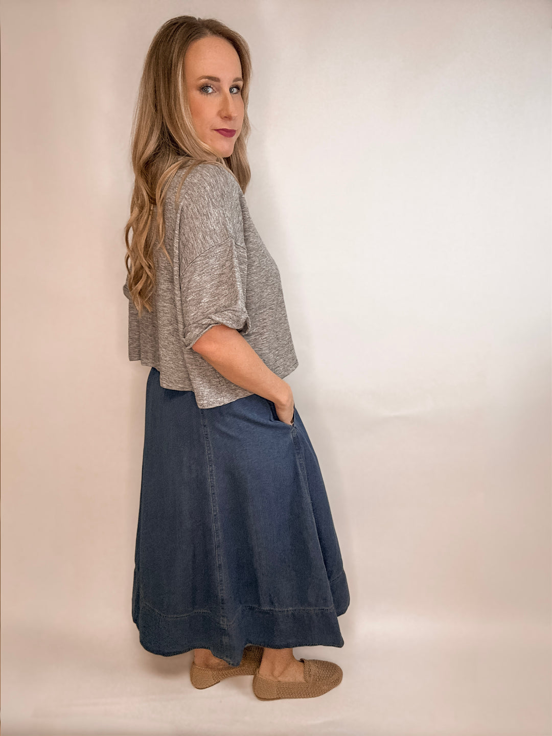 Denim Paneled Midi Skirt