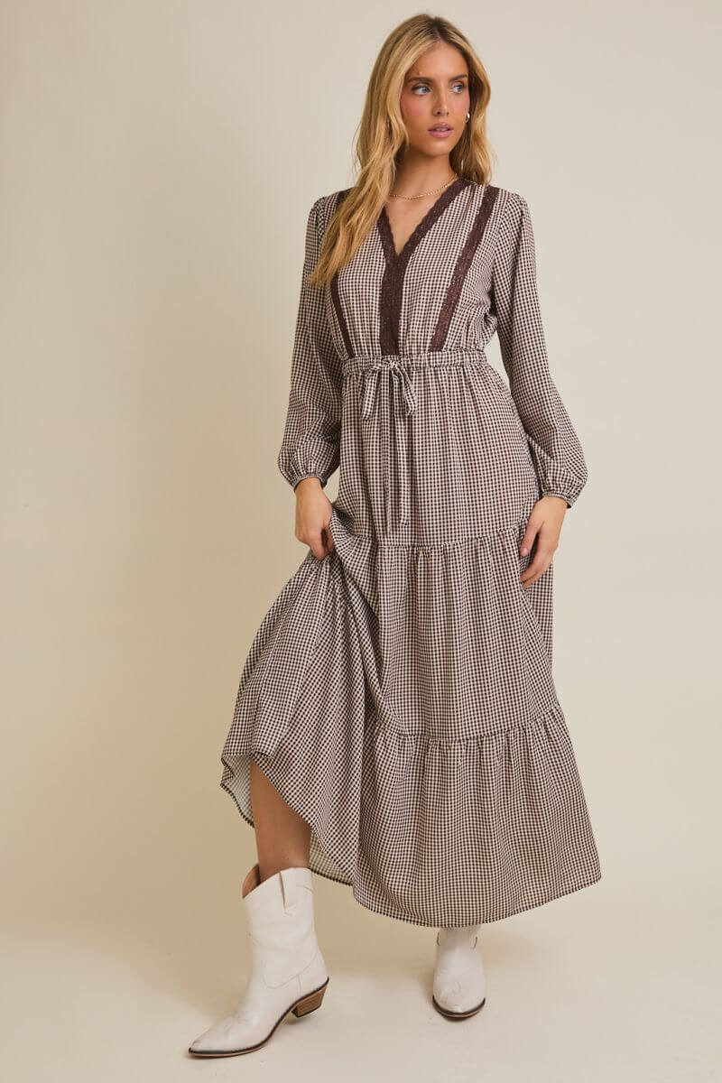 Lace Trim Check Long Sleeve Maxi Dress