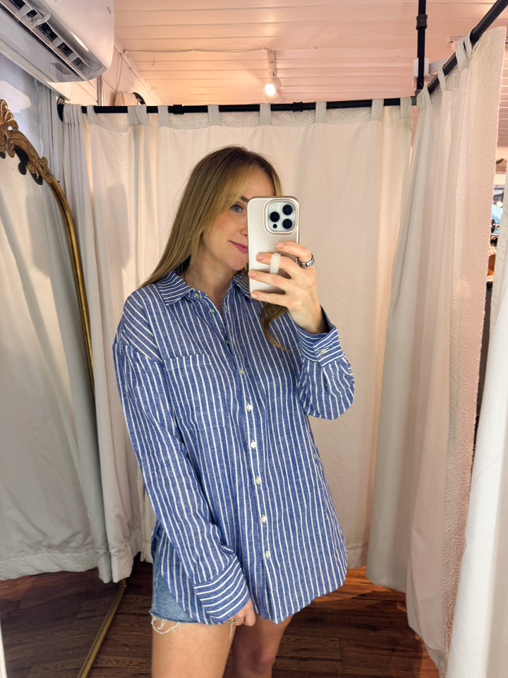 Marina Blue Linen Cotton Button-up Shirt