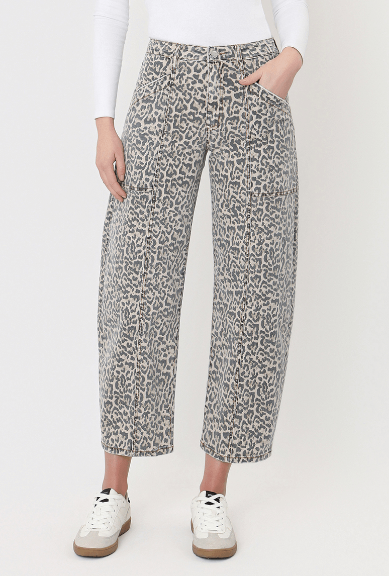 High Rise Utility Leopard Barrel Jeans