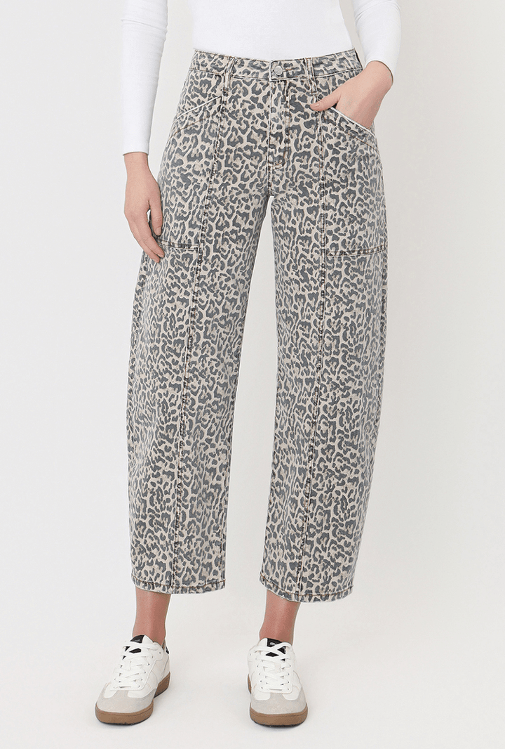 High Rise Utility Leopard Barrel Jeans