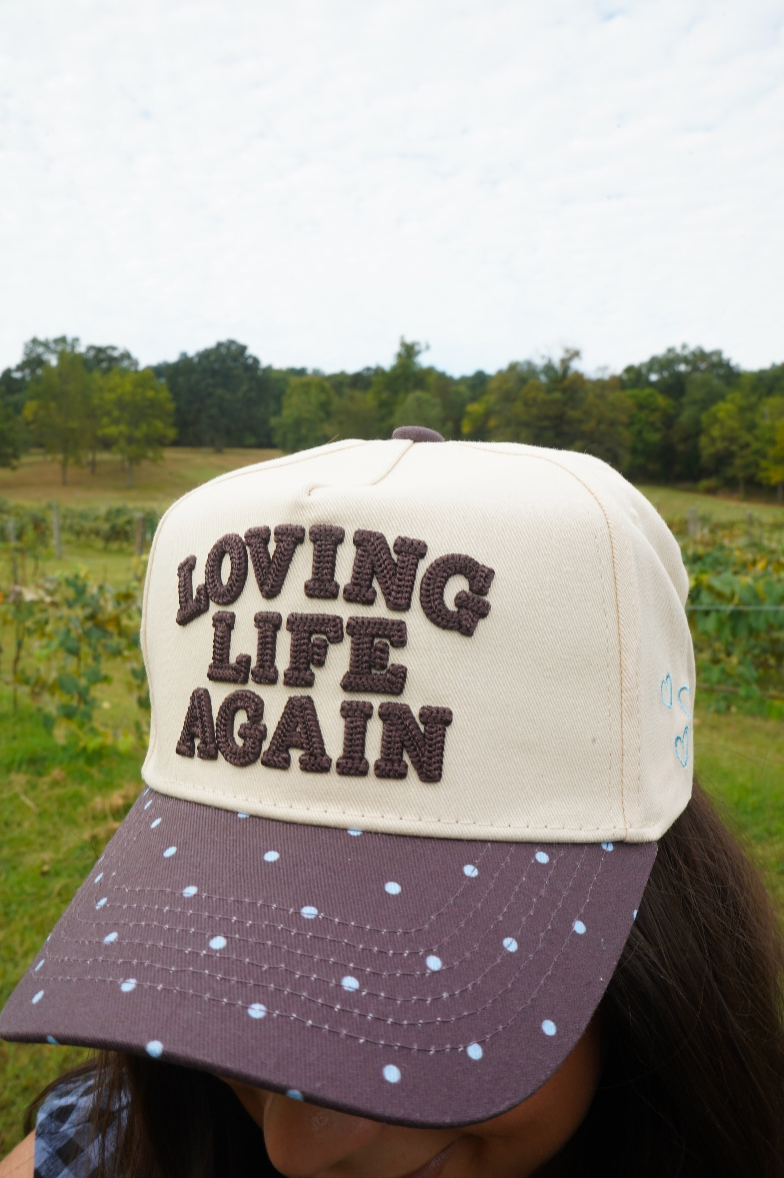Loving Life Again - Brown &amp; Blue Polka Dot Trucker Hat