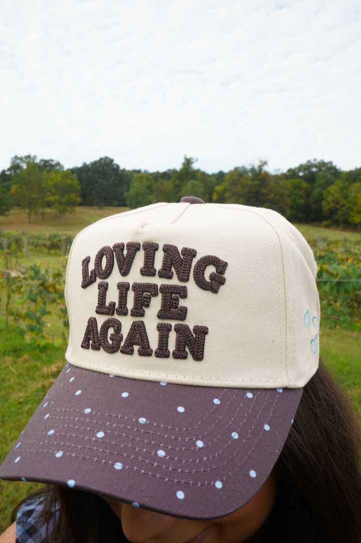 Loving Life Again - Brown &amp; Blue Polka Dot Trucker Hat