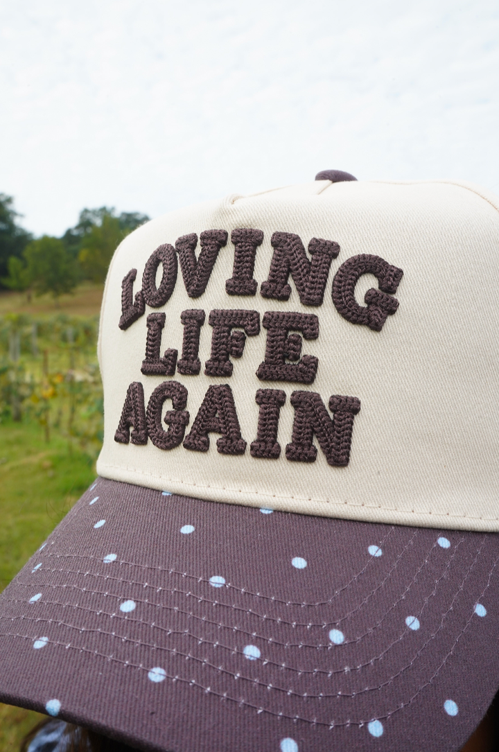 Loving Life Again - Brown &amp; Blue Polka Dot Trucker Hat