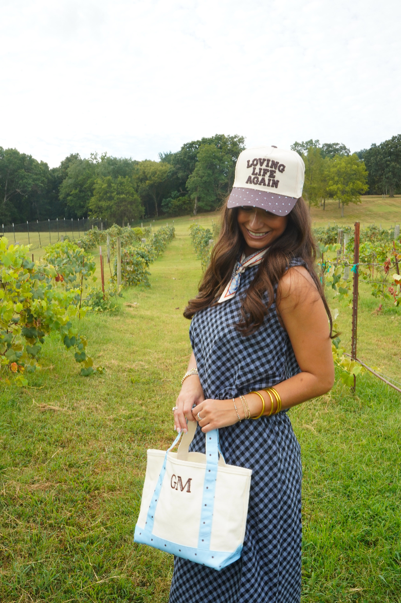 Loving Life Again - Brown &amp; Blue Polka Dot Trucker Hat