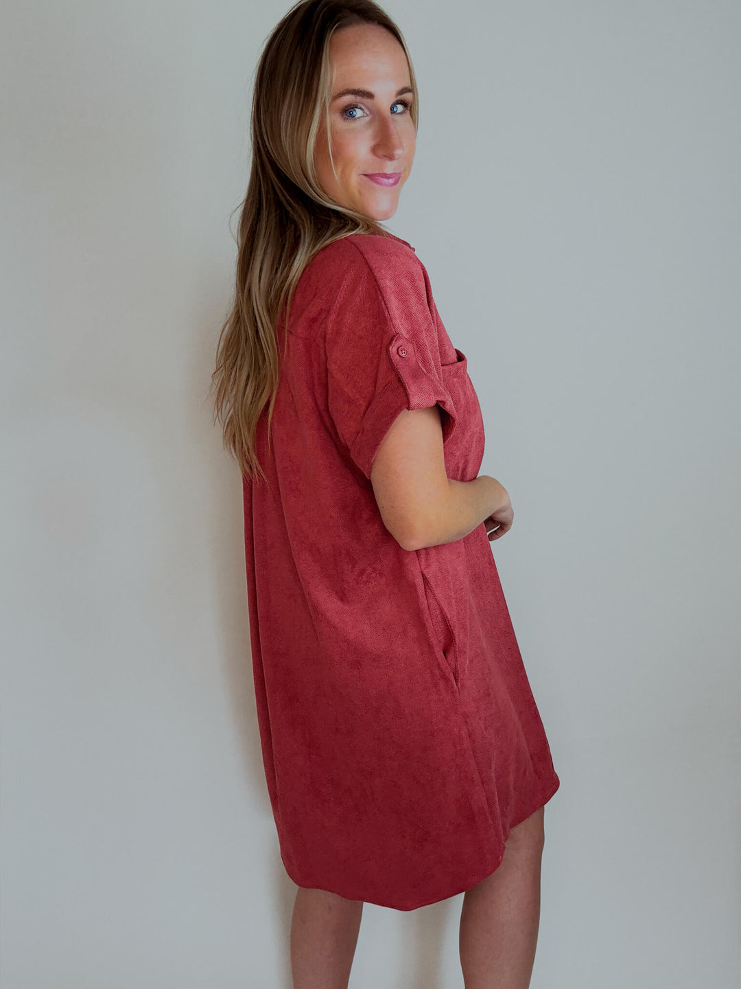 Cider & Spice Suede Shirt Mini Dress with Pockets