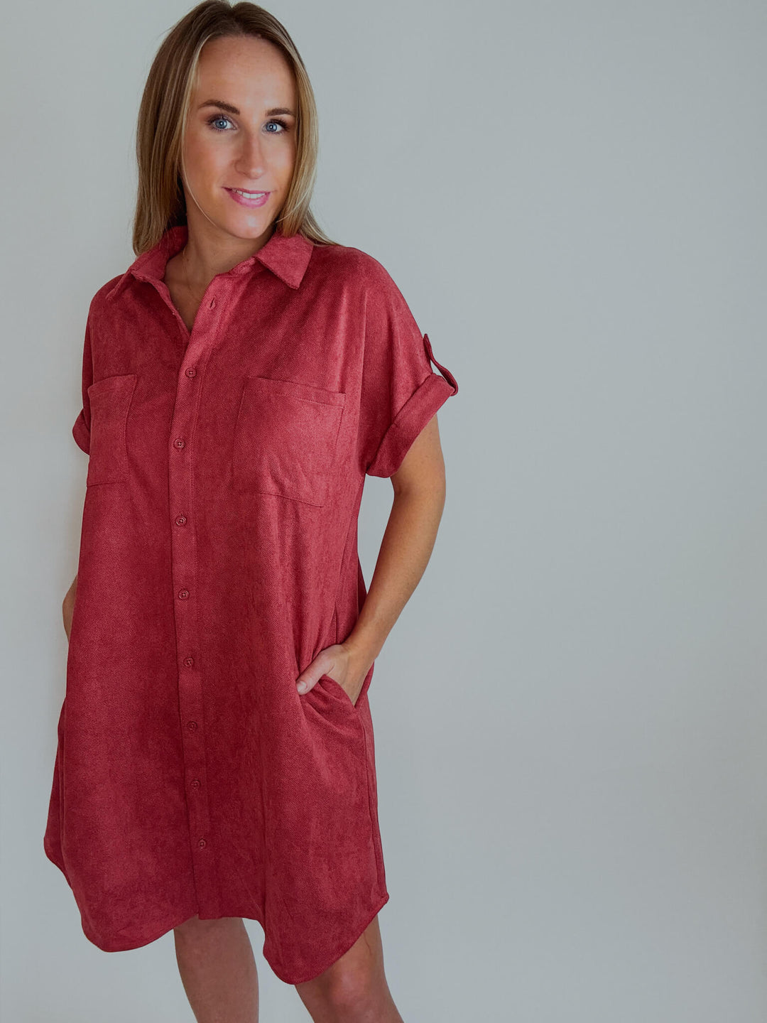 cider red dress Cider & Spice Suede Shirt Mini Dress with Pockets M / Mocha