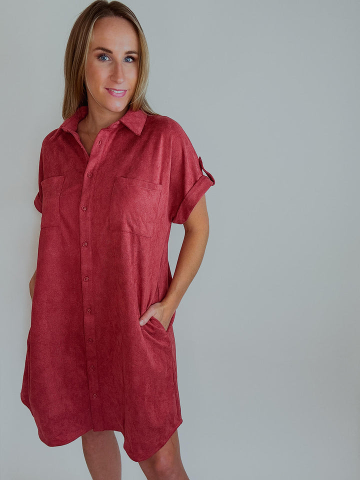 Cider & Spice Suede Shirt Mini Dress with Pockets