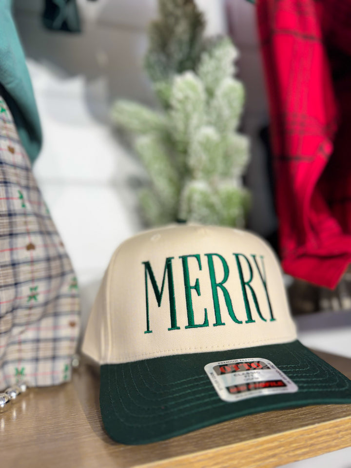 Merry Khaki/Green Holiday Embroidered Baseball Hat