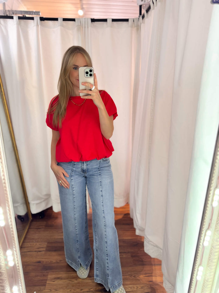 Mid Rise Seam Detail with Front Slit Hem Wide Jeans