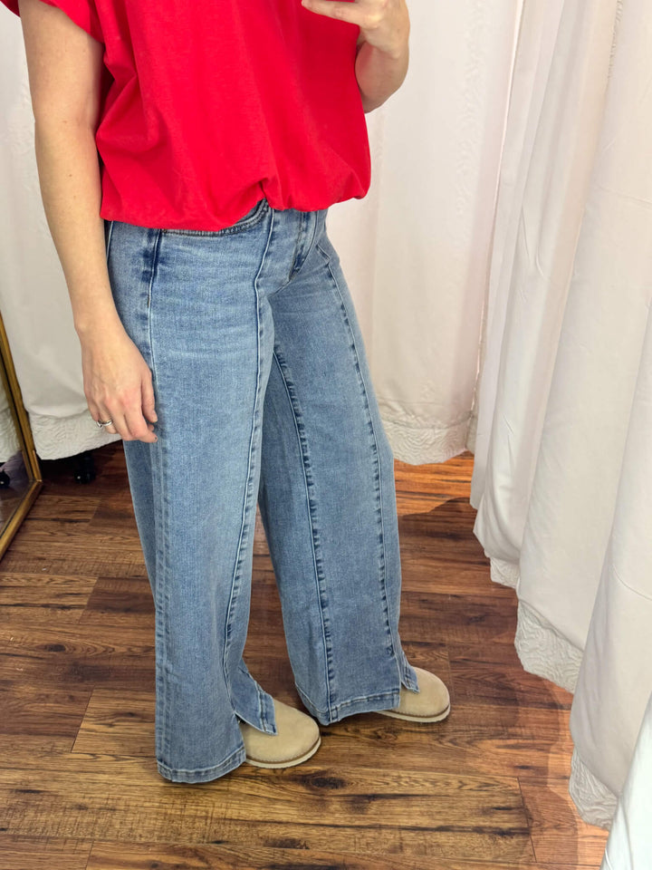 Mid Rise Seam Detail with Front Slit Hem Wide Jeans