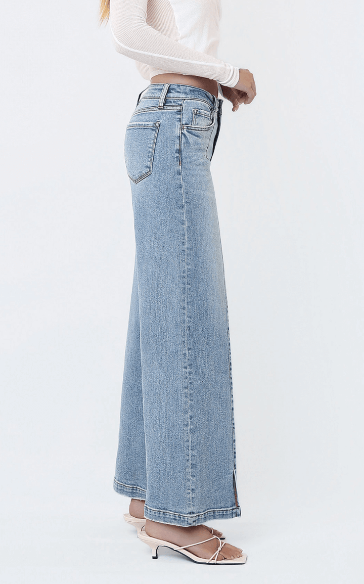Mid Rise Seam Detail with Front Slit Hem Wide Jeans