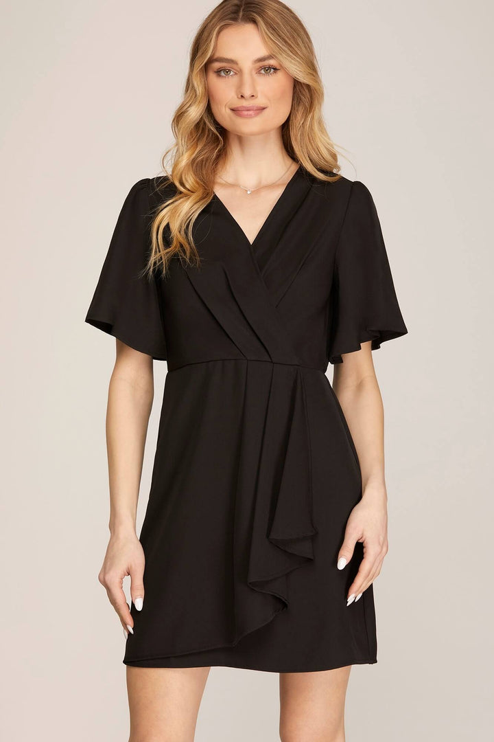 Classic Black Woven Wrap Mini Dress