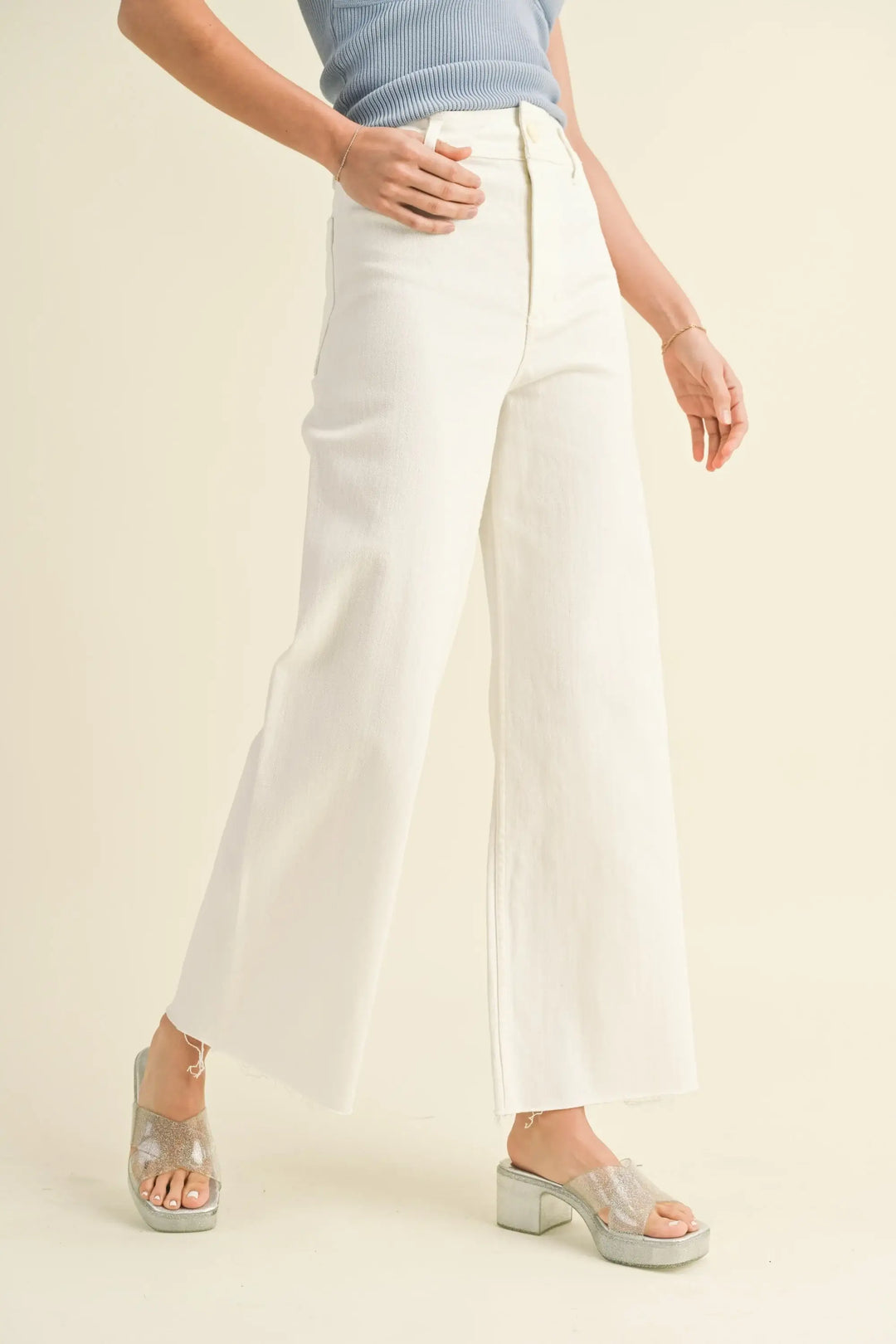 Wide Leg Denim Pants in Cream