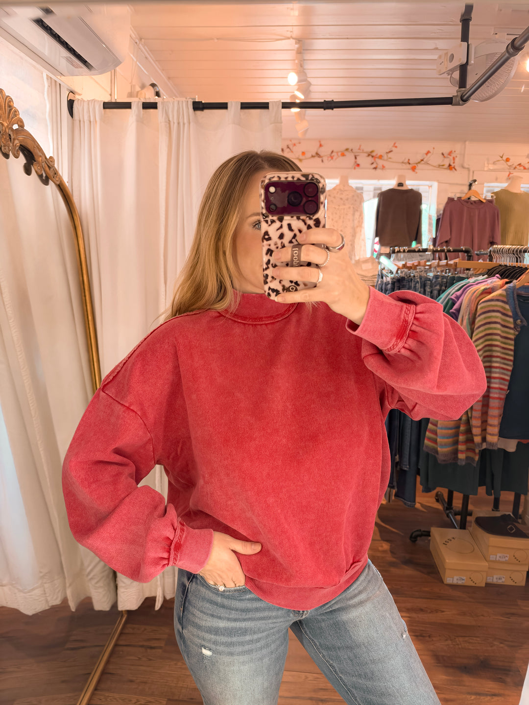 Mineral Wash Mock Neck Exposed Seam Pullover