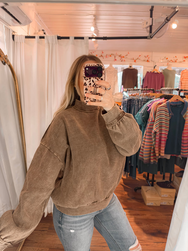 Mineral Wash Mock Neck Exposed Seam Pullover