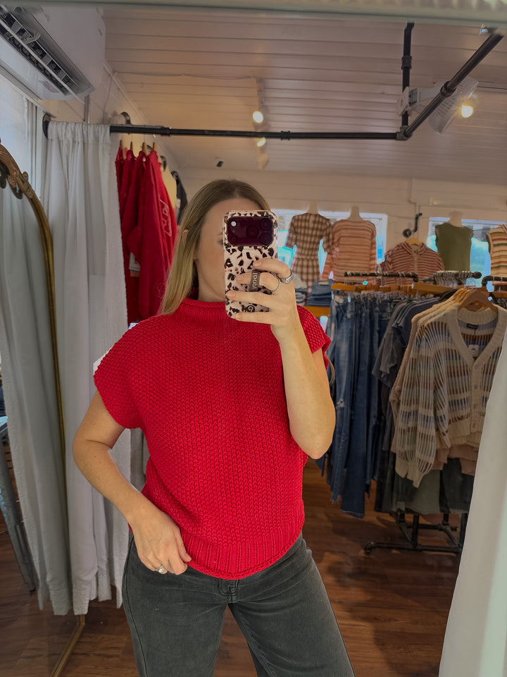 Mock Neck Sleeveless Knit Sweater in Red