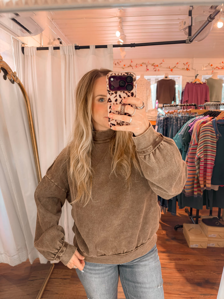 Mineral Wash Mock Neck Exposed Seam Pullover
