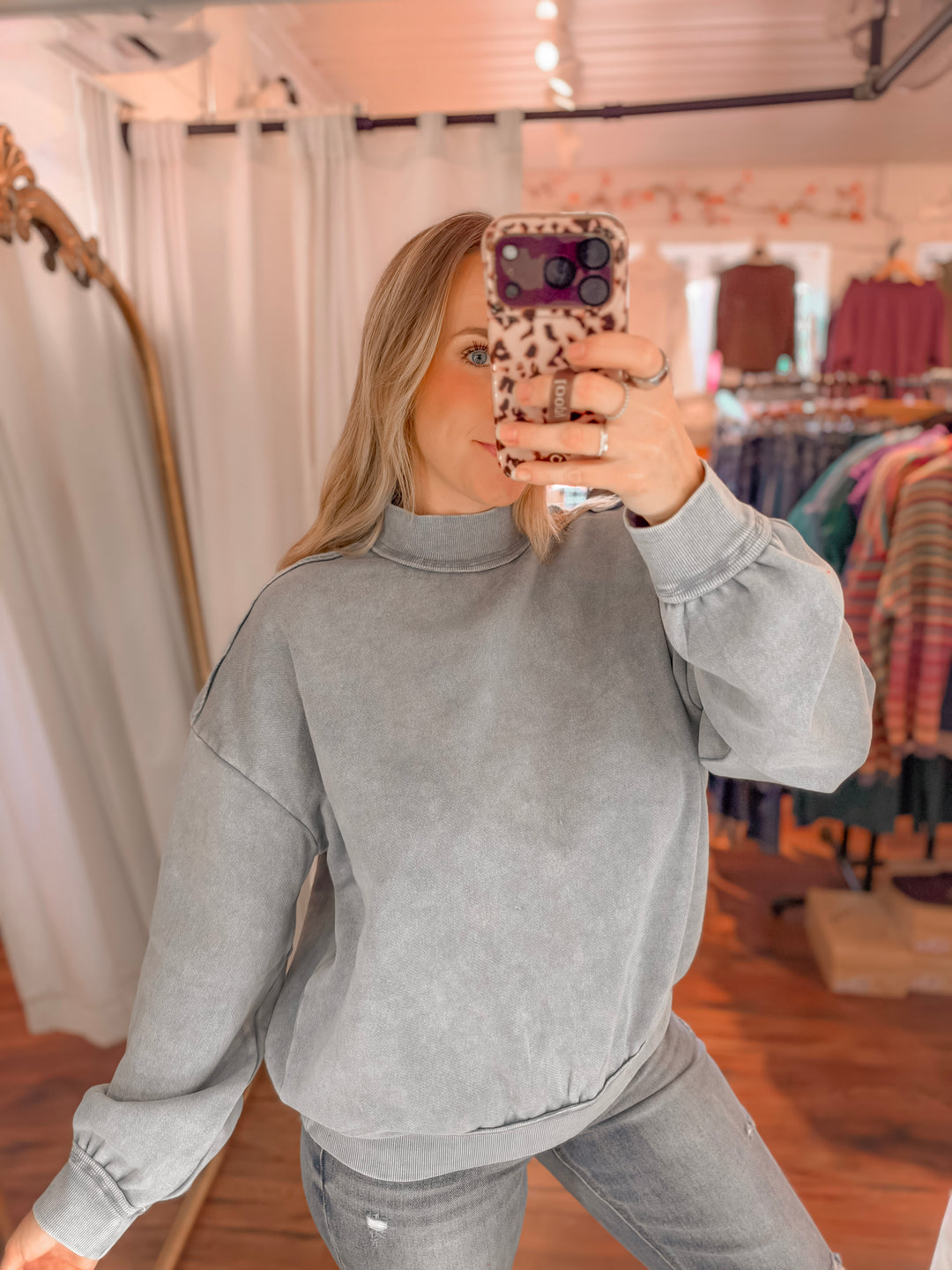 Mineral Wash Mock Neck Exposed Seam Pullover