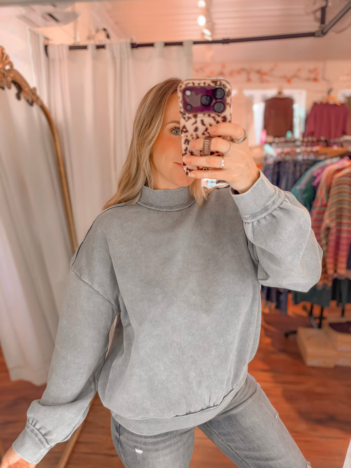 Mineral Wash Mock Neck Exposed Seam Pullover