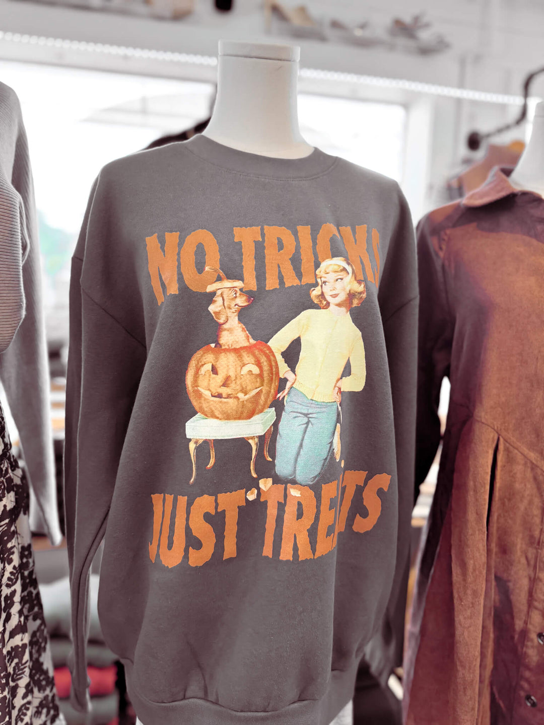 No Tricks Just Treats, Halloween, Oversized 90's Sweatshirt