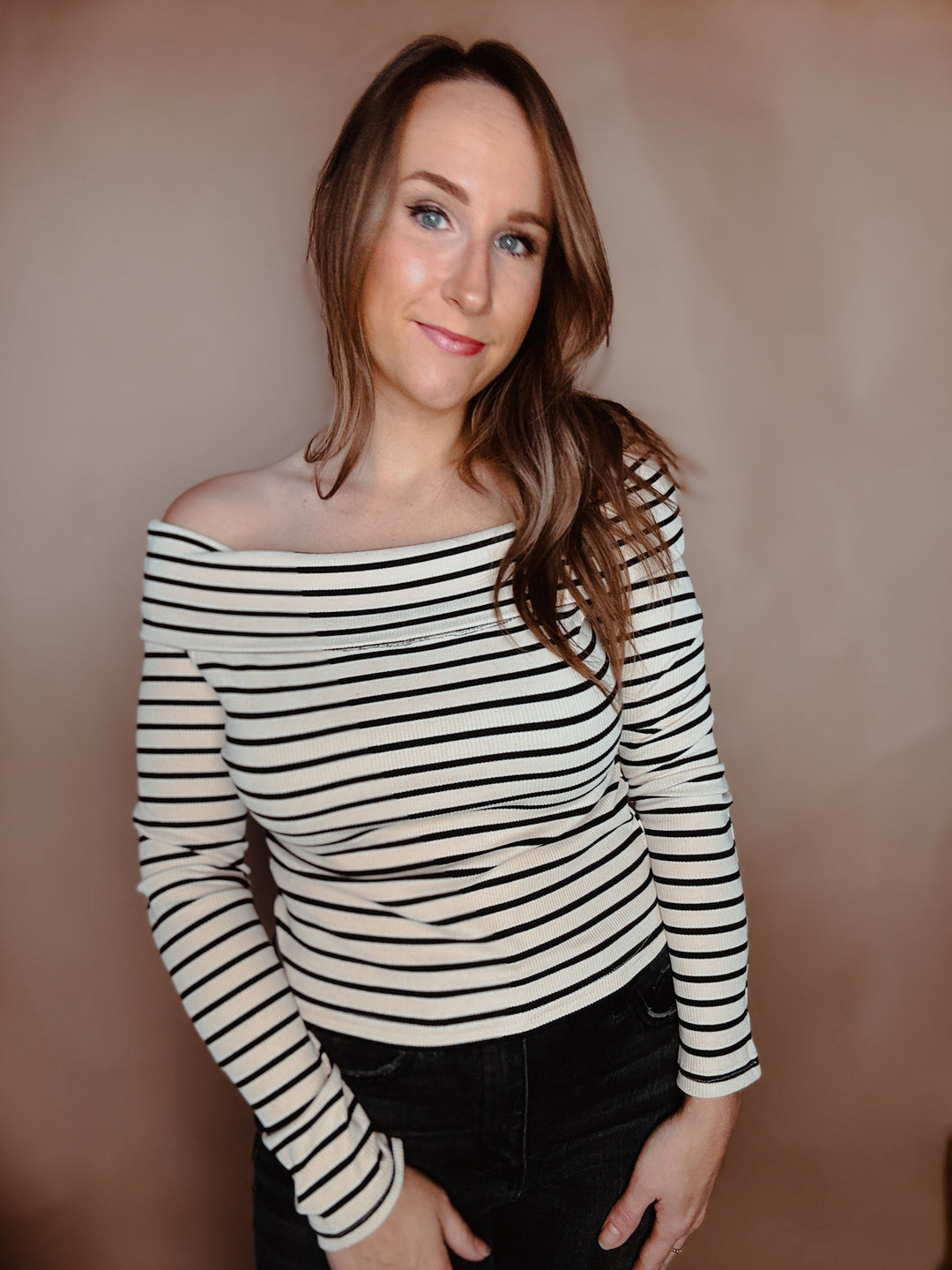 Striped Ribbed Off Shoulder Top