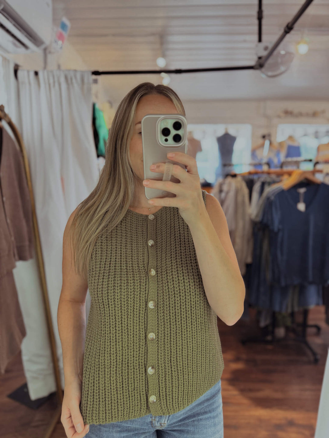 Knitted Button-up Sweater Vest in Olive
