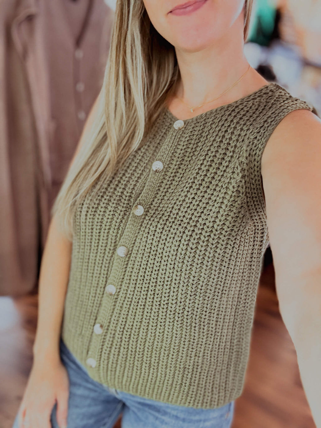 Knitted Button-up Sweater Vest in Olive