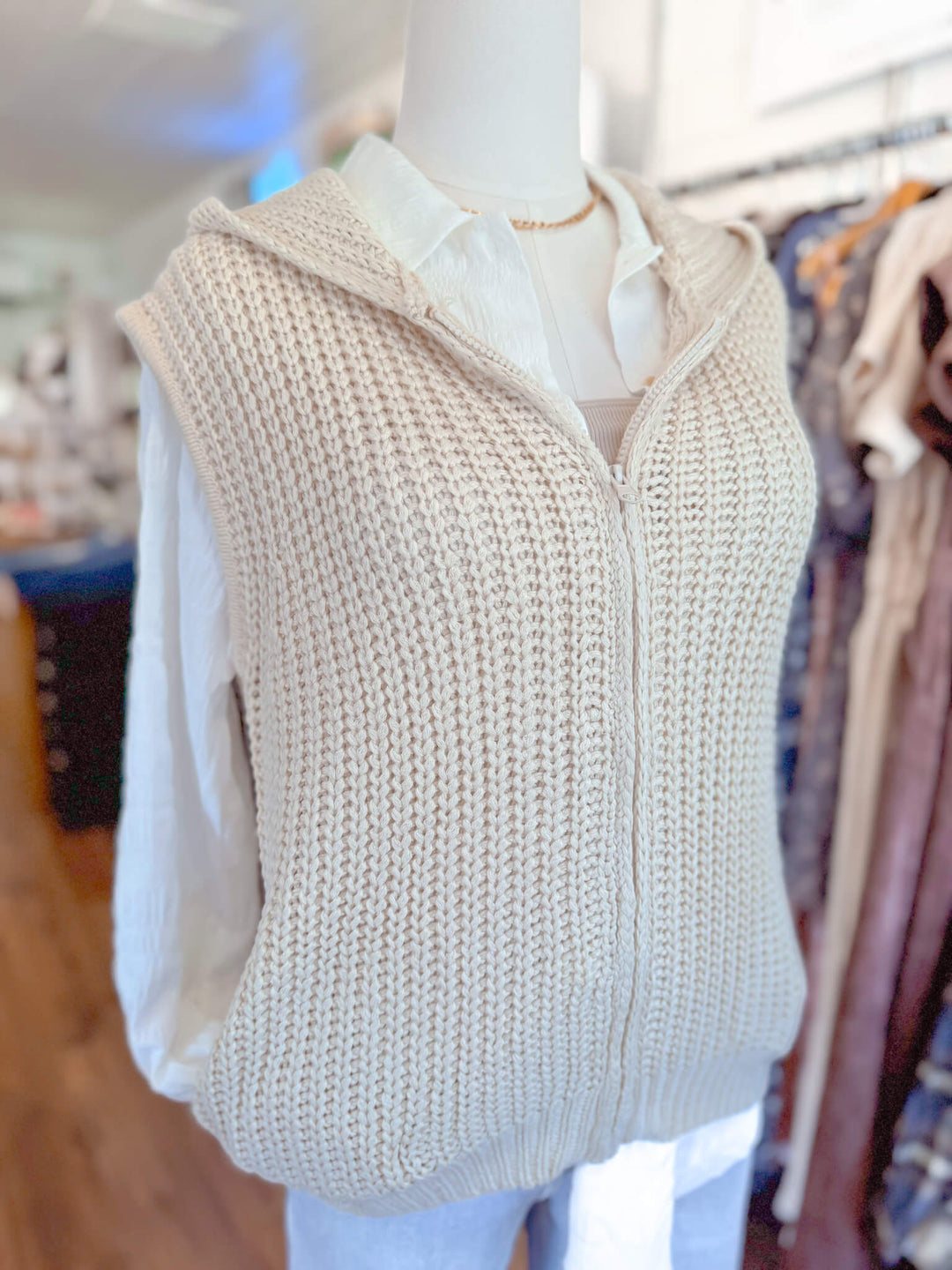 Open Knitted Hoodie Vest with Pockets